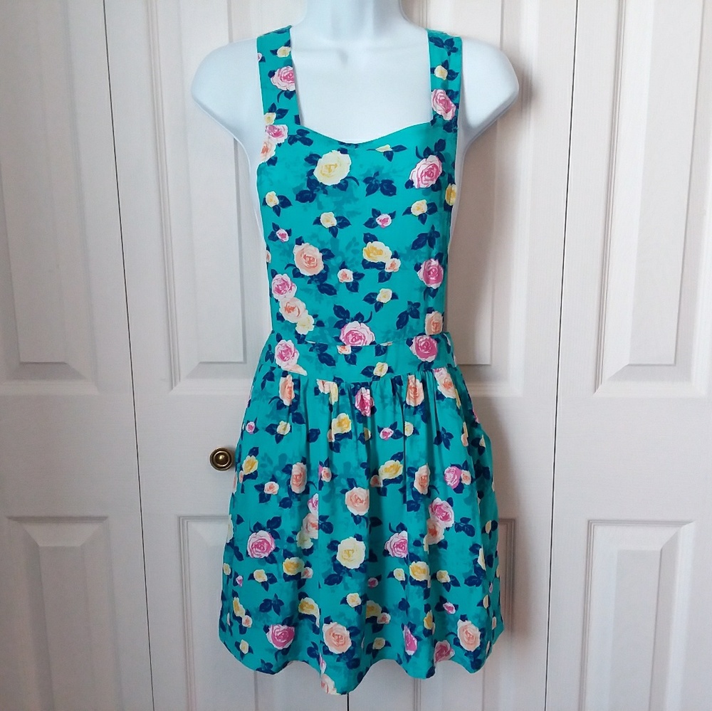 Derek Heart Teal Floral Mini Skirt Dress with Pink & Yellow Roses